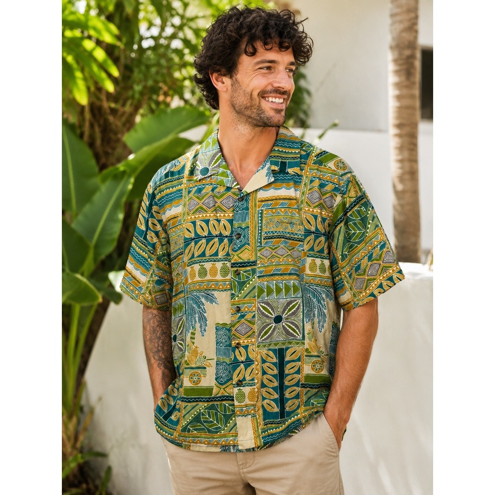 Tori‎ Richard Uniforms Mens Medium Teal Yellow Green Cotton Hawaiian Shirt M